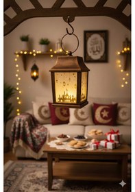 Resim 10 Cm Ramazan Ledli Kare Altın Aynalı Fener - Pil Dahil Dekoratif Ramazan Feneri Diğer 