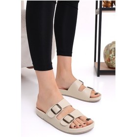 Resim Mlx 10651 Çift Toka Kadın Terlik Comfort Anatomik Kadın Ev Dışarı Terliği Bej 
