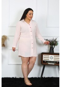 Resim Akbeniz Kadın Büyük Beden Keten Düğmeli Uzun Kol Pembe Tunik Gecelik 12200-pembe Pembe 