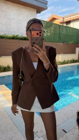 Resim Tek Düğmeli Yakasız Vatkalı Blazer Ceket Kahverengi - S 