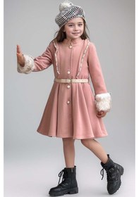 Resim Riccotarz Kız Çocuk Kazayağı Desen Elbise Kolları Peluş Ve Omuzları İnci İşleme Kemerli Pembe Kaşe Kaban Pembe 