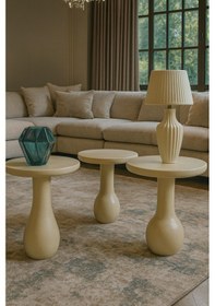 Resim Krem Renk Ahşap Mantar Sehpa Seti 3 Lü Modern Fiskos Takımı - Coffee Table Bej 