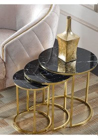 Resim 3' Lü Siyah Mermer Gold Metal Sehpa 