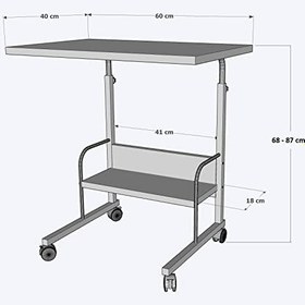 Resim 60X40 Raflı Yükseklik Ayarlı Frenli Tekerlekli Laptop Sehpası Çalışma Masası 