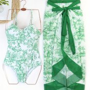 Resim Kadınlar için 2 parça Tropikal Çiçek Desenli Plaj Mayo Seti, Kolsuz Polyester %82 Spandeks %18 Örgü Kumaş, Pileli Sarma Elbise Kapak Etek Banyo Mayo 