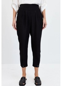 Resim Desen Triko Kadın Geniş Kemerli Paçası Düğmeli Keten Pantolon Kmypt01 Siyah 