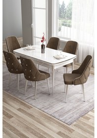 Resim Canisa Tia Serisi 80x132 Açılabilir Mdf Mutfak Masası Takımı Beyaz Masa Krom Detay 6 Kahverengi Sandalye Masa Beyaz Sandalye Kahve 
