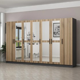 Resim Minar Kale 7 Kapaklı 5 Aynalı 4 Çekmeceli Dolap Antrasit Dore 210 cm 