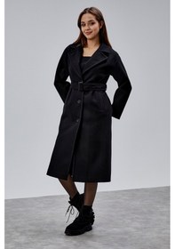 Resim Siyah Premium Oversize Kemerli Kaşe Kaban Siyah 