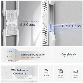 Resim TP-Link RE655BE, BE9300 Mbps, 1× 2.5G Gigabit LAN Portu, 6GHz / 320MHz, EasyMesh Destekli, 4 Adet Harici Anten ile Geniş Kapsama Alanı, Tri-Band Wi-Fi 7 Menzil Genişletici 