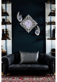 Resim Dekoratif Polyester Duvar Saati Ve Nazar Boncuklu 2 Kuğu - Gümüş 