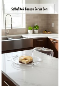 Resim Şeffaf Akrilik Kek Fanusu Ve Servis Seti 33 X 39 X 14 Cm 4 Parça Şeffaf 