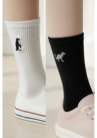Resim Siyah Dinazor Trex Ve Beyaz Yalnız Penguen Nakışlı Yazlık Kışlık Unisex 2 Çift Soket Çorap Seti Çok Renkli 