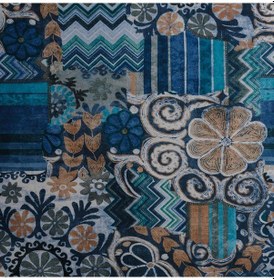Resim Mavi Lacivert Renkli Geometrik Desen Dijital Baskılı Süet Kumaş 