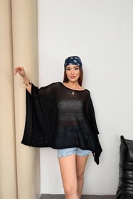 Resim Lusin Kadın Siyah Kayık Madonna Yaka Panço Görünümlü Şık Oversize Yazlık Mevsimlik File Bluz 