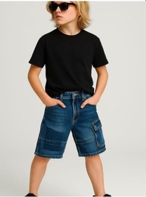 Resim Çocuk Kargo Cepli Kot Şort-16005 Lacivert 