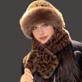 Resim Pluş Şapka + Şal Retro Leopar Baskı Kadın Sonbahar ve Kış Taklit Kürk Kalın Sıcak Kulak Koruma Çok Amaçlı Şal Şapka İki Parça Set 