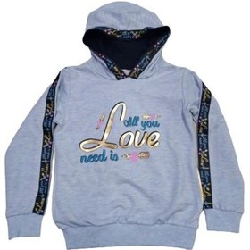 Resim İrem Kız Çocuk Kapüşonlu Kolları Şeritli Yazı Desenli Cepli Buz Mavisi Renk Kapüşonlu Sweatshirt 