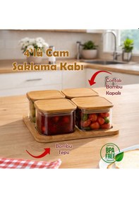Resim Porsima Hf009009 Kare 4lü Hava Geçirmez Bambu Standlı Cam Kahvaltılık Seti Bambu Kapaklı Saklama Kabı 250ml Şeffaf 