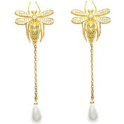 Resim Brezza Lusso Jewelry Altın Kaplama Arı Figürlü Sallantılı Inci Kadın Küpe 