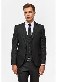 Resim Süvari Siyah Slim Desenli Mono Yaka 6 Drop Yelekli Takım Elbise-38744 Siyah 