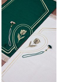 Resim Çeyizlik Eşli Çift Seccadesi, Bohçalık Kalpli Namazlık Set Yeşil Krem Yeşil - Krem 