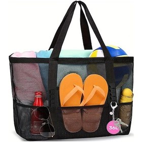 Resim Chuangyinshop Siyah 1 Adet Katlanabilir Delikli Plaj Çantası, Çok Cepli Fermuarlı Omuz Askılı Yüzme Çantası Siyah 