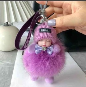 Resim Sevimli Ponpon Uyuyan Bebek Peluş Kadın Kız Araba Çanta Anahtarlık Aksesuar Pembe 