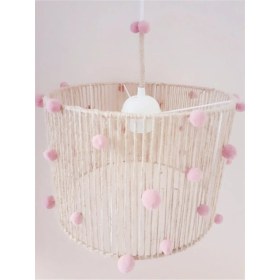 Resim Mediterian Pembe Ponponlu Hasır Sarkıt Avize, Çocuk Odası için Şık Aydınlatma, 30x30 cm 