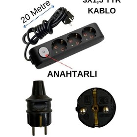 Resim Avarson 3'lü Üçlü Priz Topraklı Anahtarlı Kablolu Siyah 3x1,5 Ttr 20 Yirmi Metre 