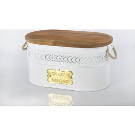 Resim Ahşap Kapaklı Metal Beyaz Renk Hasır Kulplu Ekmeklik 