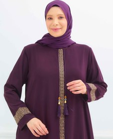 Resim Önü Ve Bilekleri Nakışlı Büyük Beden Ferace Mürdüm | 204198 - 52 / Mürdüm 