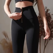 Resim Tek Renk Fermuarlı Yüksek Bel Yoga Pantolonu, Kalça Kaldırıcı Esnek Koşu Fitness Taytı, Kadın Spor Giyim Geniş Bel Bandı 