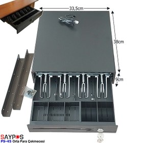 Resim Saypos PS45 Para Çekmecesi 4 Banknot Gözlü Masa Altı Montaj Askılı Anahtardan Açılır 33.5x38x9 CM 