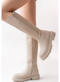 Resim Bej Arkası Streç Fermuarlı Günlük Kadın Çizme Bej 