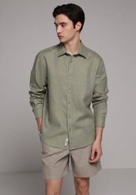 Resim Regular Fit Shirt Neck Düz Erkek Yeşil Uzun Kol Gömlek Colin's