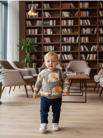 Resim Zekids Erkek Bebek Yumuşak Dokulu Fil Desenli Sweatshirt-16377 Haki 