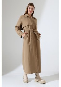 Resim B.he.z Amazon Keten Kumaş Uzun Boy Düğmeli Astarlı Yumuşak Dokulu Trenç Kot Vizon Vizon 