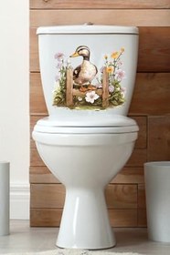 Resim Sevimli Ördek ve Renkli Güller Temalı Klozet Sticker Banyo Sticker 