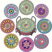 Resim Elmas Boyama - 8 adet Canlı Mandala Elmas Sanat Altı Seti - Renkli Boncuklu Tasarım ile DIY Ahşap Yuvarlak Altılar, Başlangıçlar ve Yetişkinler için Mükemmel, Altı Tutucu Dahil, Altı Seti|Canlı Altı Tasarımı|Ahşap Malzeme, Masa için Altılar 