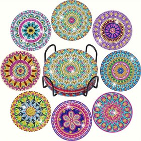 Resim Elmas Boyama - 8 adet Canlı Mandala Elmas Sanat Altı Seti - Renkli Boncuklu Tasarım ile DIY Ahşap Yuvarlak Altılar, Başlangıçlar ve Yetişkinler için Mükemmel, Altı Tutucu Dahil, Altı Seti|Canlı Altı Tasarımı|Ahşap Malzeme, Masa için Altılar 
