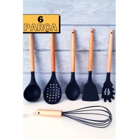 Resim ÖzSa Home 6 Parça Silikon Kepçe Kevgir Kaşık Çırpıcı Bambu Saplı Mutfak Servis Seti Takımı 