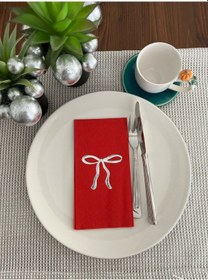 Resim Gümüş Yaldızlı Kırmızı Fiyonk Baskılı Garson Katlama Peçete 16 Adet 