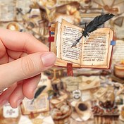 Resim 100 Adet Vintage Cafe Etiketleri - Antika Kitap Sayfası & Kahve Fincanı Tasarımı ve Kalemli, Günlükler, Bavullar, Su Şişeleri için Yeniden Kullanılabilir Plastik Çıkartmalar 