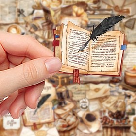 Resim 100 Adet Vintage Cafe Etiketleri - Antika Kitap Sayfası & Kahve Fincanı Tasarımı ve Kalemli, Günlükler, Bavullar, Su Şişeleri için Yeniden Kullanılabilir Plastik Çıkartmalar 