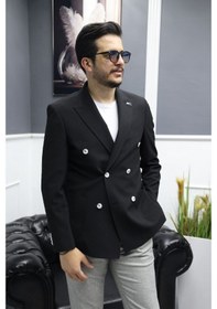 Resim Avni Ceylan Verde Dokulu Gofre Kumaş İtalyan Stil Slim Fit Kruvaze Erkek Ceket Siyah 