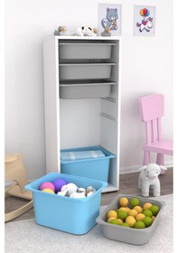 Resim 2 Büyük 4 Küçük Mavi Gri Sepetli Oyuncak Dolabı Mavi - Gri 