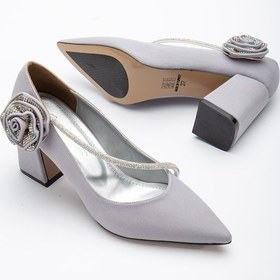 Resim Saten Çapraz Taş Detaylı Gümüş Kadın Kalın Topuk Stiletto-2534-gumus Gumus 