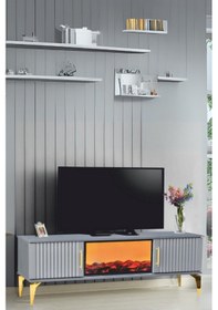 Resim Rüya Dekoratif Şömineli Tv Sehpası - Antrasit Gold Kulplu 2 Kapaklı Alev Efektli 150x50x36 Cm 