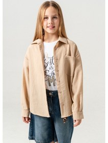 Resim Kız Çocuk Tek Cepli Gömlek T-shirt İkili Takım 1802 Bej 